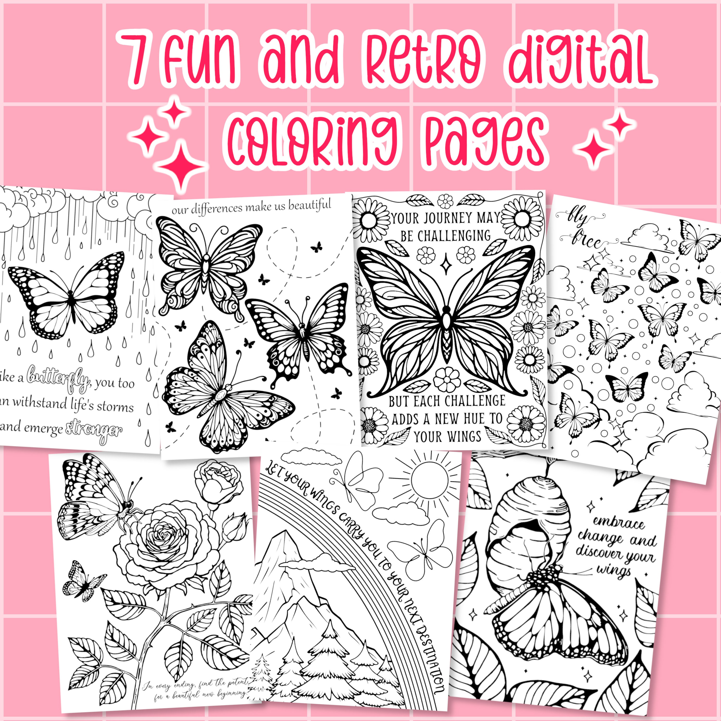 Butterfly Coloring Pages, Nature Theme Digital Coloring Book, Mindful
