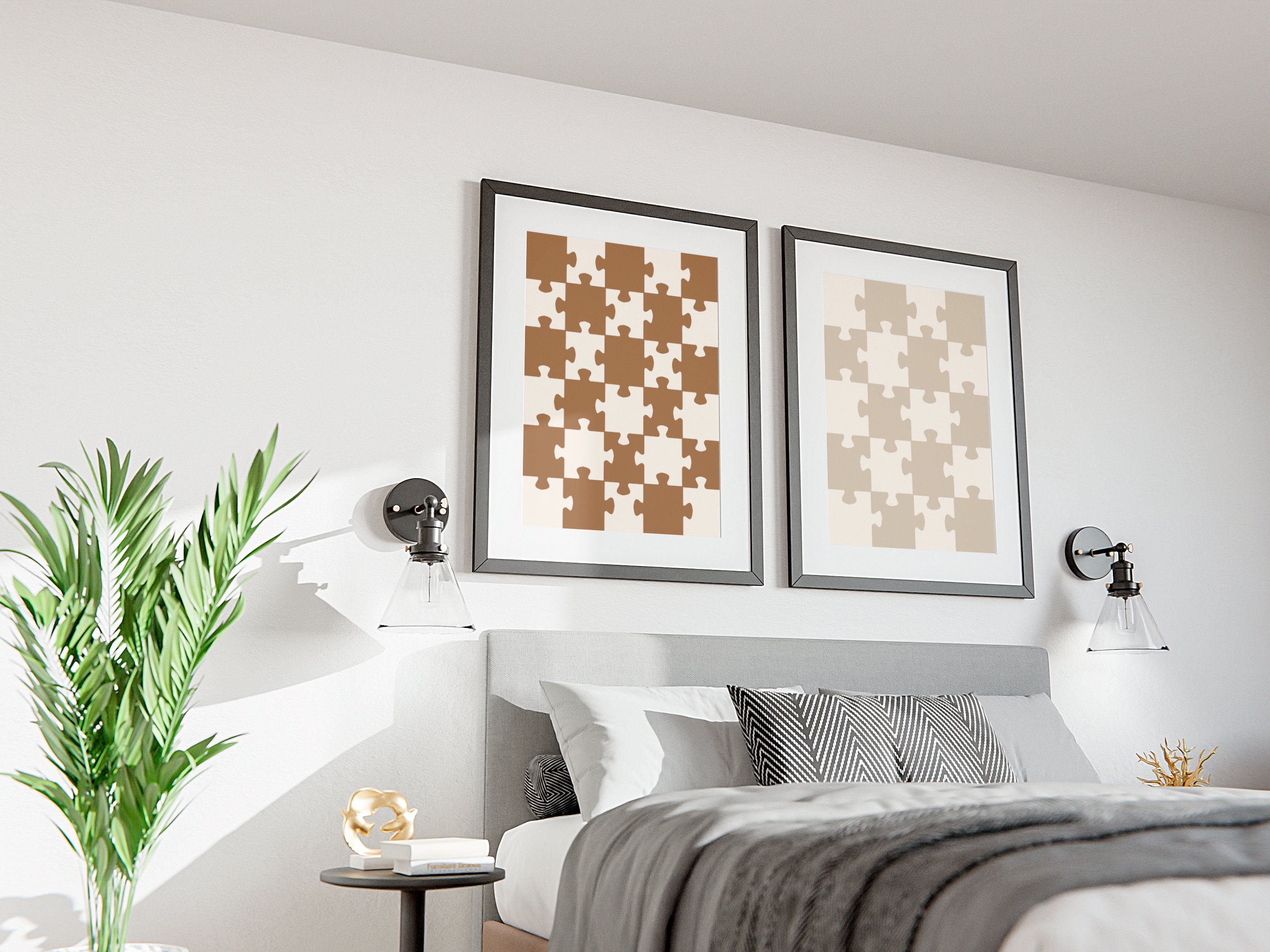 Neutral Puzzle Piece Wall Art Set of 2, Minimalist Art, Retro Decor ...