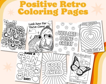 Motivational Retro Coloring Pages, Groovy Digital Coloring Book, Printable Coloring Pages for Adults and Kids, Mental Health Coloring Pages