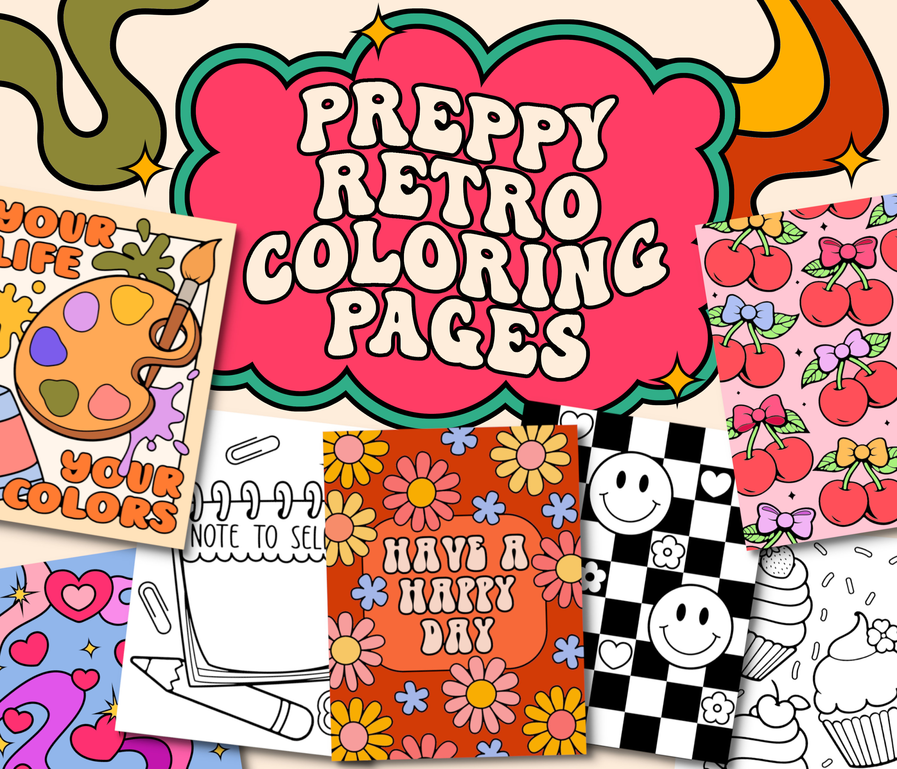Preppy Coloring Book, Retro Coloring Pages, Groovy Digital Coloring Book, Printable Coloring Pages for Adults and Teens, Girly Coloring Book