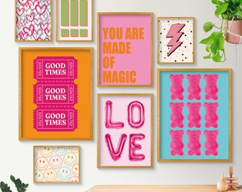 Retro Gallery Wall Art Set of 8, Preppy Room Decor, Maximalist Gallery Wall, Funky Wall Art, Teen Girl Room Decor, Printable Wall Art