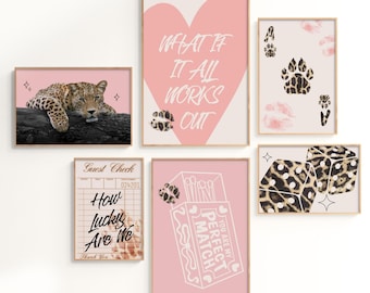Vintage Pink Leopard Art Set, Trendy College Apartment Decor, Guest Check, Dice Print, Matchbox Print, Playing Card Art, Printable Wall Art