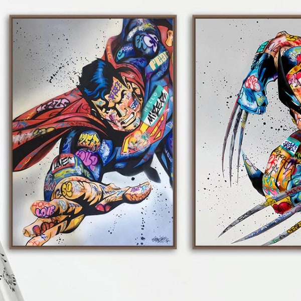 Superhero Graffiti Art - Superman - Wolverine - Colorful abstract wall art - artistic designs - Bedroom decor - Creative art prints