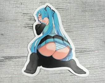 Pegatina de pin-up ecchi con melena azul • Waifu juguetona y centrada en las mejillas • Calcomanía de vinilo impermeable para adultos