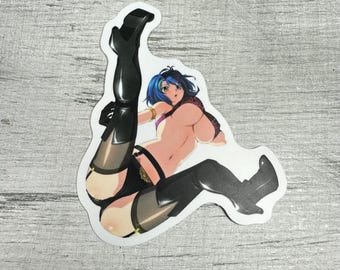 Pegatina de chica pin-up tetona con medias de anime • Arte ecchi para adultos • Calcomanía de vinilo impermeable para adultos