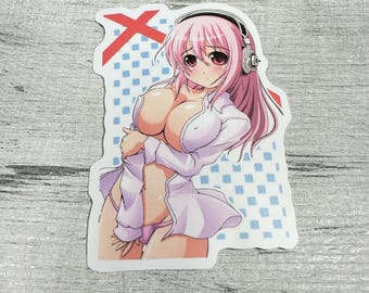 Pegatina de enfermera pin-up de anime • Waifu tetona con auriculares • Calcomanía de vinilo impermeable para adultos maduros