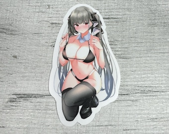 Pegatina de pin-up en bikini de anime • Waifu tetona y ruborizada • Calcomanía de vinilo impermeable para adultos maduros