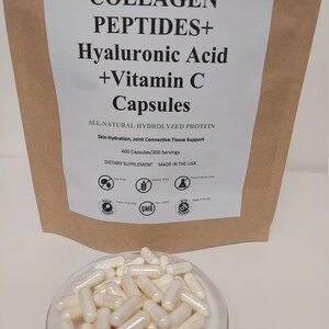 May include: A white container of 400 capsules of collagen peptides, hyaluronic acid, and vitamin C. The container is labeled "Naturexlab Collagen Peptides+ Hyaluronic Acid +Vitamin C Capsules" and "All-Natural Hydrolyzed Protein". The container also has a label that says "Dietary Supplement Made in the USA".