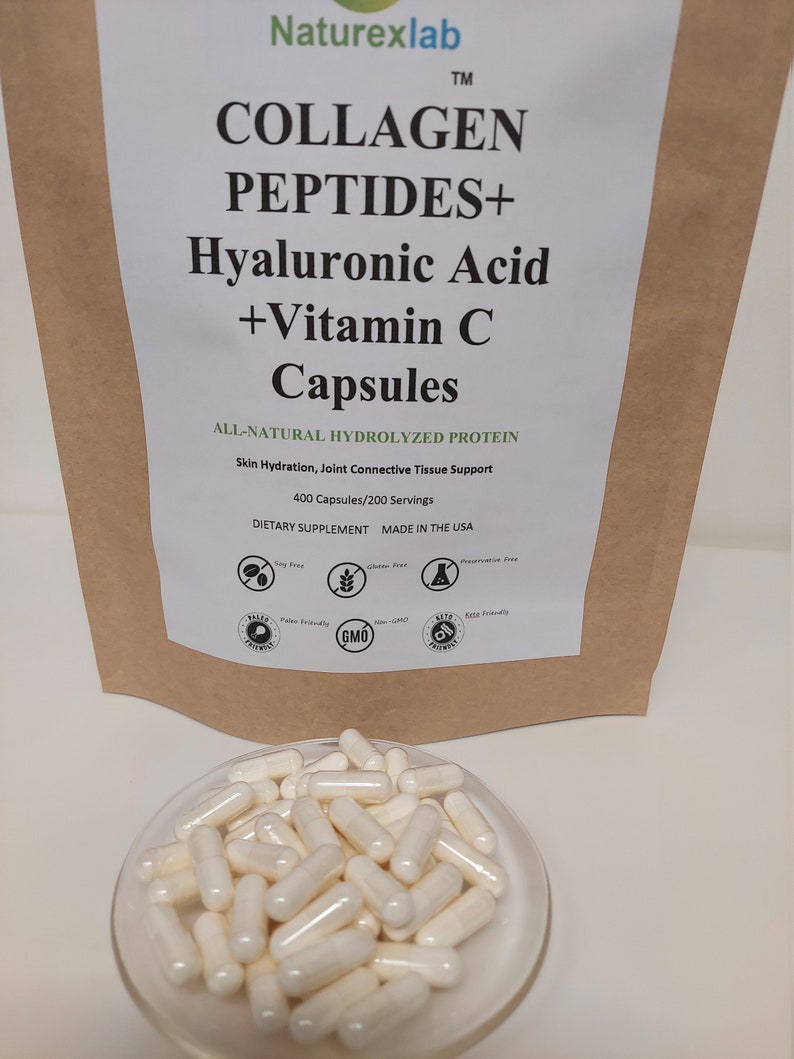 May include: A white container of 400 capsules of collagen peptides, hyaluronic acid, and vitamin C. The container is labeled "Naturexlab Collagen Peptides+ Hyaluronic Acid +Vitamin C Capsules" and "All-Natural Hydrolyzed Protein". The container also has a label that says "Dietary Supplement Made in the USA".