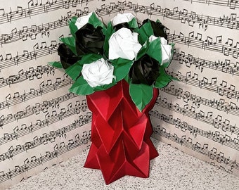 Black and White Roses in Red Vase, Origami Roses, Black and White Roses, Roses in Vase, Rose Bouquet, Paper Roses