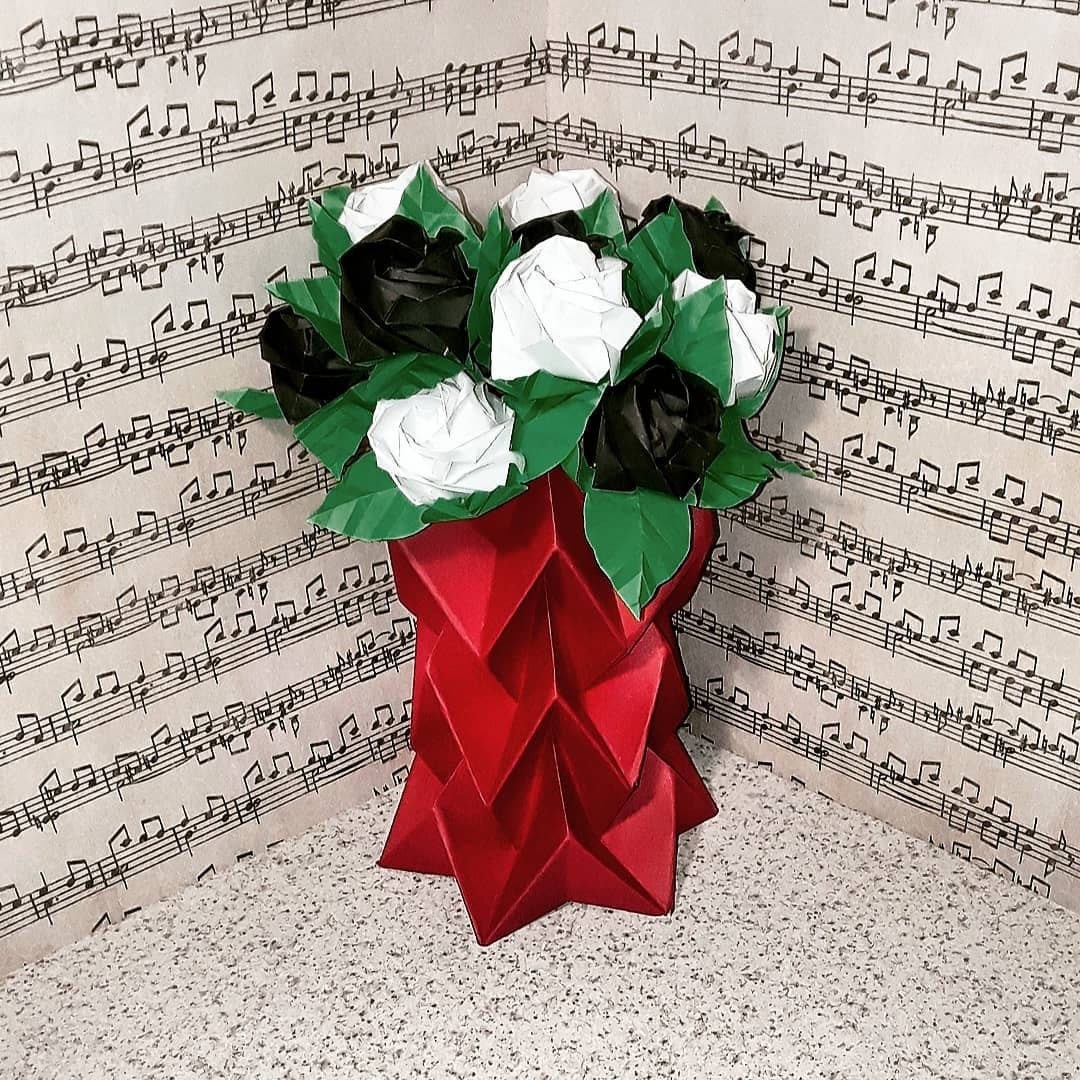 Black and White Roses in Red Vase Origami Roses Black and Etsy