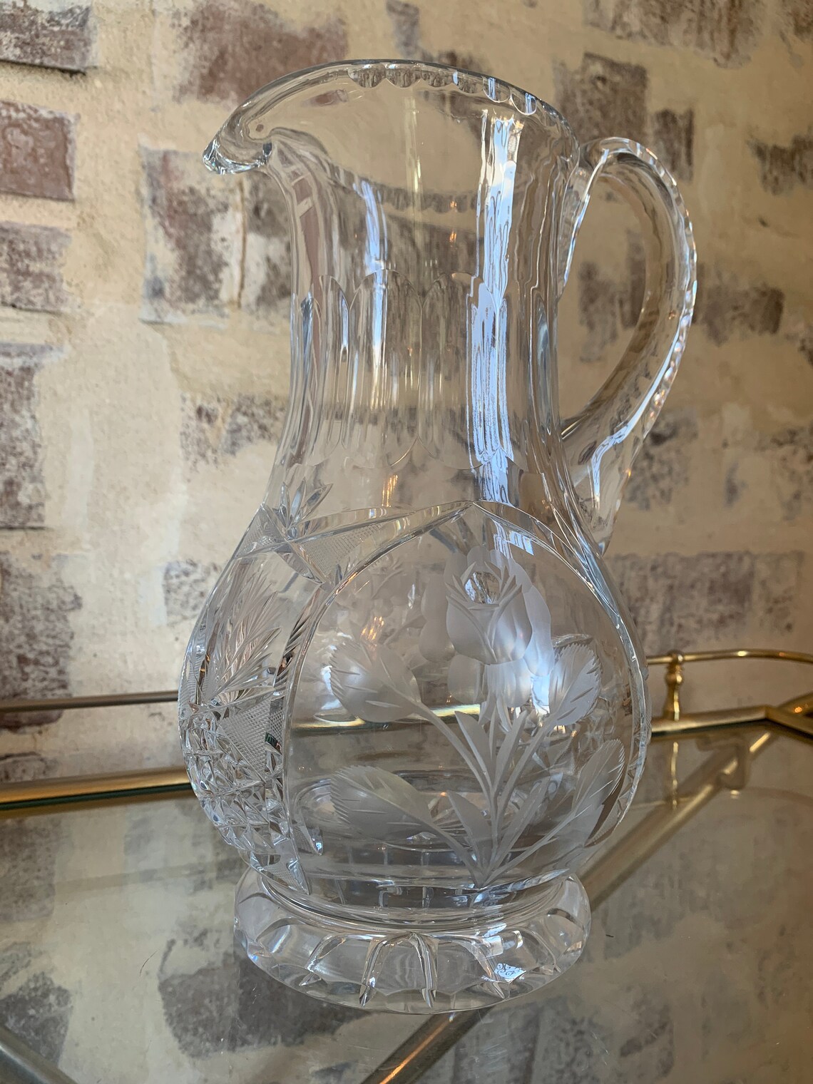 Vintage Crystal Etched Pitcher Etsy