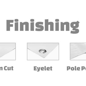 May include: Three different finishing options for a banner: clean cut, eyelet, and pole pocket. The clean cut option shows a banner with a straight edge. The eyelet option shows a banner with a metal eyelet in the corner. The pole pocket option shows a banner with a sewn-in pocket along the top edge.