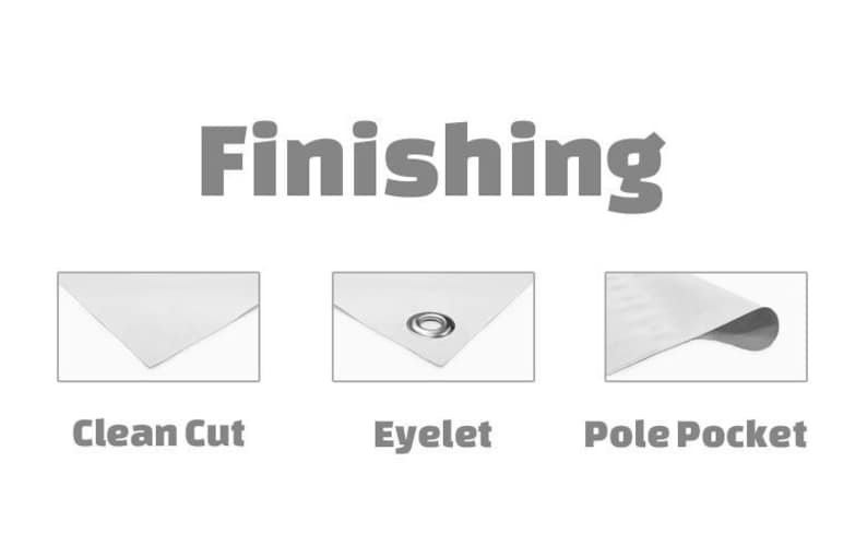 May include: Three different finishing options for a banner: clean cut, eyelet, and pole pocket. The clean cut option shows a banner with a straight edge. The eyelet option shows a banner with a metal eyelet in the corner. The pole pocket option shows a banner with a sewn-in pocket along the top edge.