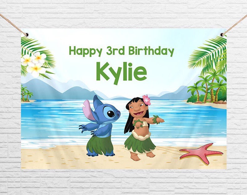 May include: A blue and green birthday banner with Stitch and Lilo from the Disney movie Lilo & Stitch. The banner says "Happy 3rd Birthday Kylie".