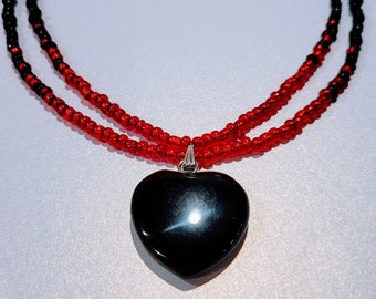 Black Stone Heart Necklace | Red Black Two Strand Seed Bead | Goth Love Necklace