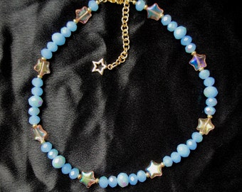 KAWAII pink star necklace with blue faceted glass beads