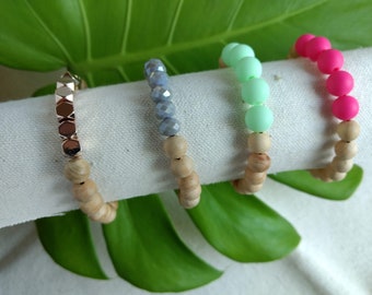 Wood, Mint, Dark Pink, Gray Glass, Rose Gold Hematite Beaded Stretch Bracelets