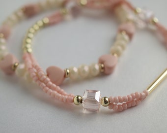 Set of Two Pink and Gold Beaded Stretch Bracelets | Princess Kawaii Love Heart