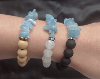 Aquamarine Wood White Agate Black Rubber Beaded Stretch Bracelets