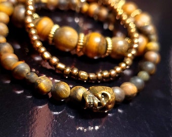 SKULL bracelet set of 3 | TIGERS EYE beaded bracelets | Halloween Goth