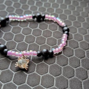 CAT GIRL cat charm seed bead stretch bracelet Blue-Light purple-red-light pink image 9