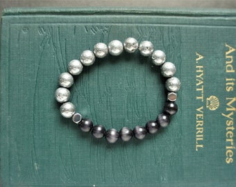 Black Tiger's Eye, Silver Druzy Agate and Hexagonal Hematite Stretch Bracelet | Men Women Unisex | Gift Pouch Included