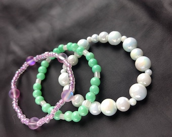 Set of Three Beaded Stretch Bracelets | Pale Blue, Pastel Green, Light Purple | Kawaii-Sweet-Cute-Lolita