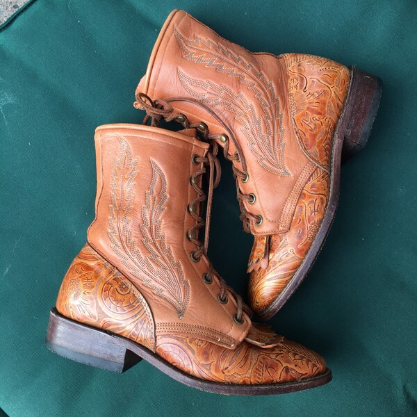 Vintage Larry Mahan Botas Kiltie de cuero con herramientas