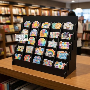 25 Pocket 5" width 5 Tier, Sticker Display Rack with U cuts, Wooden Countertop Rack, Sticker Display Stand
