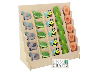 25 Pocket 4" width Sticker Display Rack with U cuts, Wooden Countertop Rack, Sticker Display Stand