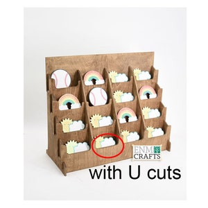 16 Pocket 5" width, Sticker Display Rack with U cuts, Wooden Countertop Rack, Sticker Display Stand