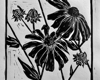 Grabado original en linóleo de flor de rudbeckia, prensado a mano / Edición limitada / Tinta negra / Arte de la naturaleza