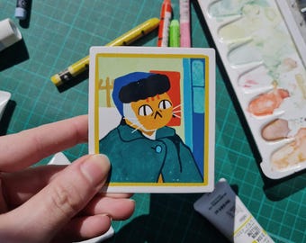 Cute Cat Portrait Van Gogh Vinyl Sticker | Scrapbooking, Bullet Journal Sticker, Planner Sticker, Cute Illustrated Sticker