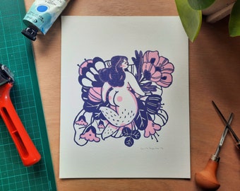 Flower Girl A4 | Original Lino Print,  Handcarved Linocut, Limited Edition Artwork