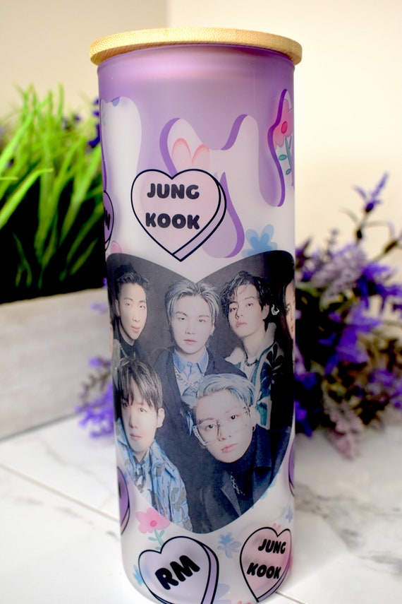 NEW BTS Glass Frosted Tumbler Cold Ice Coffee Bamboo Lid Glass Straw kpop  Gift Kpop Cup Bangtan Boys Valentines Day 