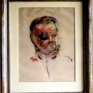 Framed Chalk Portrait: Military Man with Eye Patch, Signed Valle '71