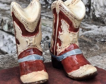Salt and Pepper Shakers in Ceramic Cowboy Boots, Hand-Painted