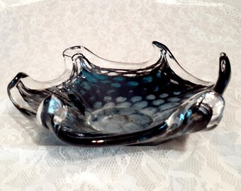 Murano Art Glass Candy Dish: Black, Blue, and Gray Ovals Design