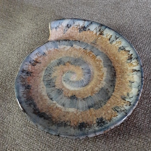 May include: A ceramic dish with a spiral design in shades of brown, blue, and white. The dish is shaped like a seashell.