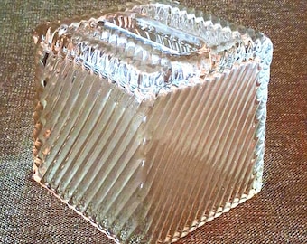 Tissue Box Cover of Clear Ribbed Glass with a Diagonal Design