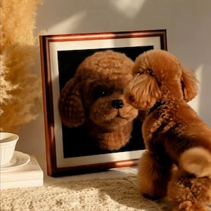 May include: A brown toy poodle gazing at its reflection in a framed picture. The picture shows a close-up of the dog's face. The dog wears a black collar and is on a textured surface.