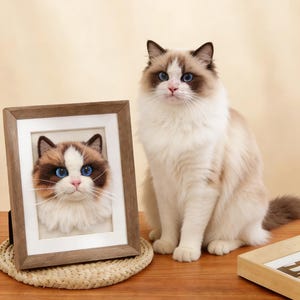 May include: A framed cat portrait next to a live cat. The framed artwork features a detailed felted cat face with blue eyes, brown and white fur, and a wooden frame. The live cat has similar markings and is sitting on a wooden surface.