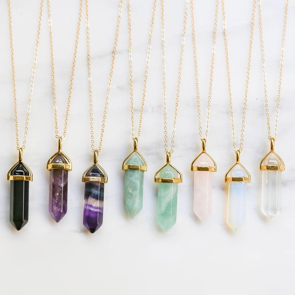 Collier en cristal pointu d'or Pierre naturelle, collier de point de cristal brut, collier de pierres précieuses (quartz rose, améthyste, fluorite, obsidienne)