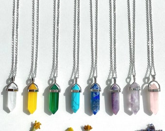 Zeshoekige kristallen ketting natuursteen, kristalpunt ketting, zeshoek edelsteen ketting (rozenkwarts, amethist, fluoriet, obsidiaan)