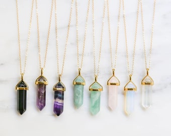 Gold Pointed Crystal Necklace Natural Stone, raw crystal point necklace, Gemstone Necklace (Rose Quartz, Amethyst, Fluorite, Obsidian)