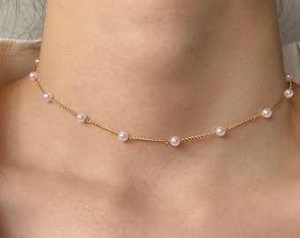 Pearl Necklace Gold Dainty, freshwater Pearl necklace, Bridesmaids Gift, Pearl Choker, White Pearl