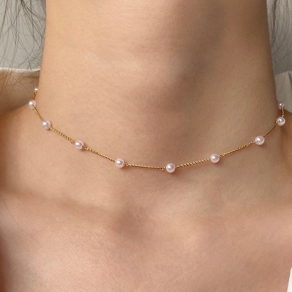 Pearl Necklace Gold Dainty, freshwater Pearl necklace, Bridesmaids Gift, Pearl Choker, White Pearl