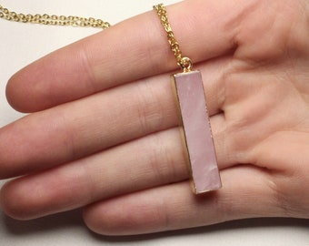 Rose Quartz Necklace, Gemstone Rectangle Pendant, Raw Healing Stone, Vintage Bar Necklace with Gold plated chains