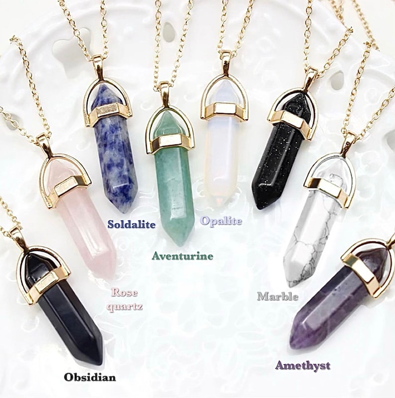 Gold Pointed Crystal Necklace Natural Stone, raw crystal point necklace, Gemstone Necklace Rose Quartz, Amethyst, Fluorite, Obsidian image 3